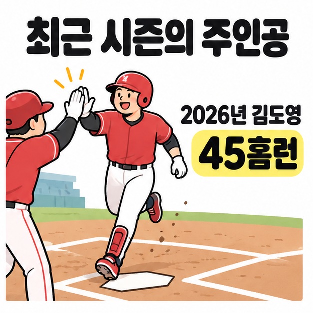붉은 유니폼의 타자가 홈에서 동료와 하이파이브하는 모습과 2026년 김도영 45홈런 문구