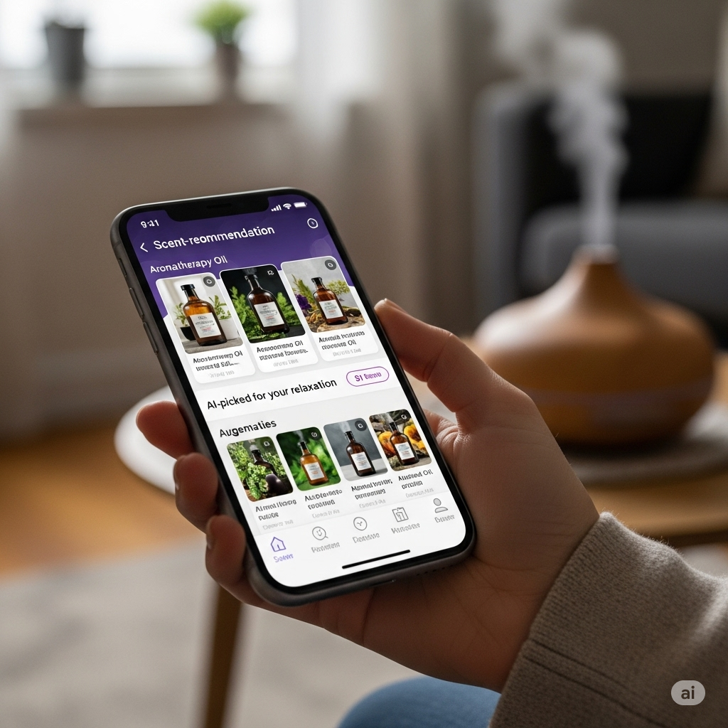 고객의 손이 스마트폰의 '향 추천' 앱 인터페이스와 상호 작용하는 모습을 클로즈업하여 보여줍니다. 앱은 개인화된 제안을 제공합니다