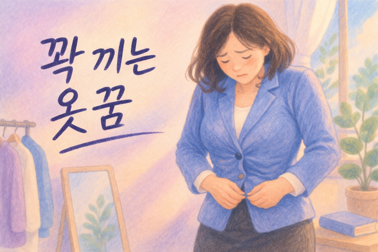 꽉 끼는 옷을 입고 답답함을 느끼는 상황을 표현한 부드러운 색연필 일러스트