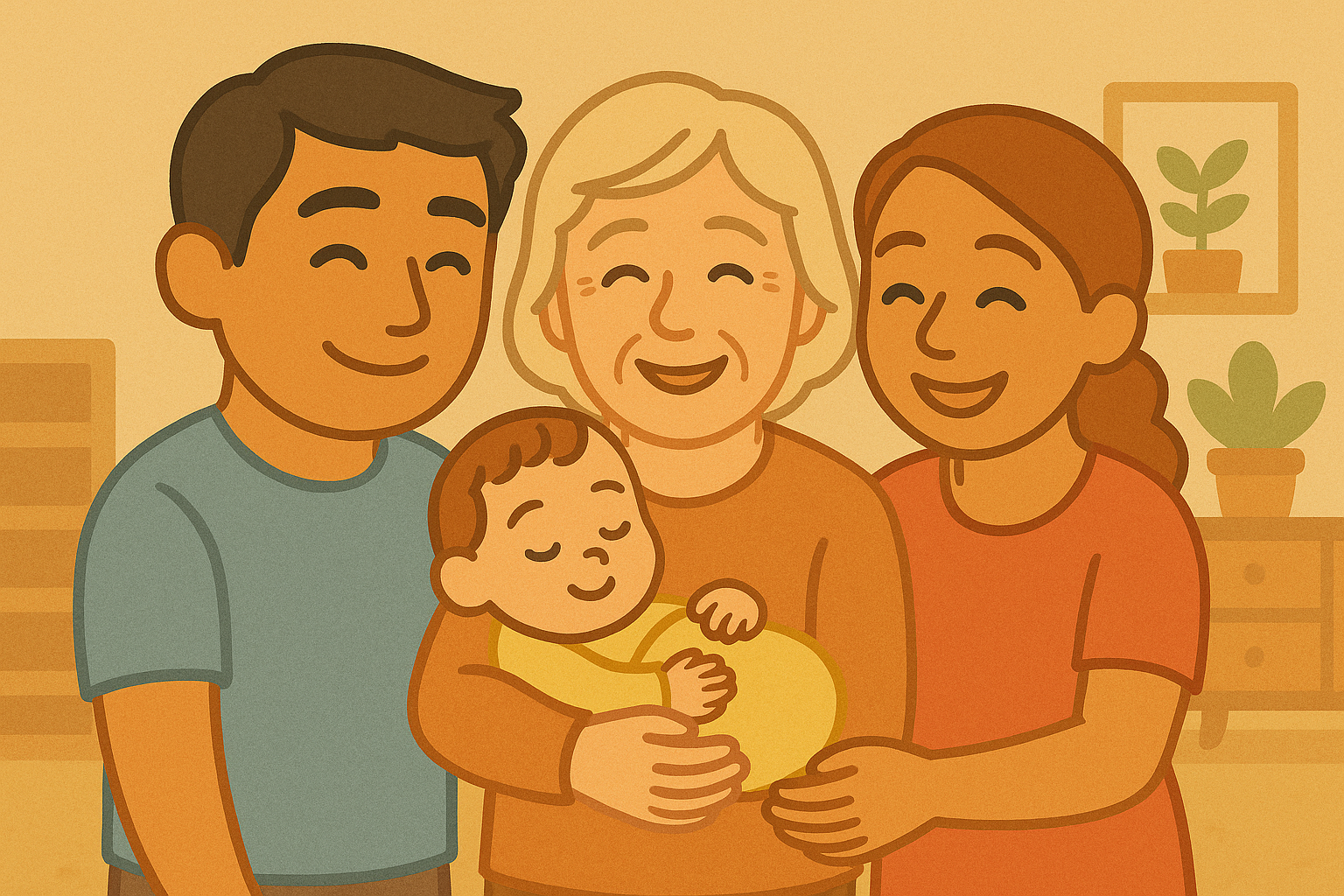 다문화 가정 외국인 배우자 부모 초청으로 다같이 아이를 보고 있다.