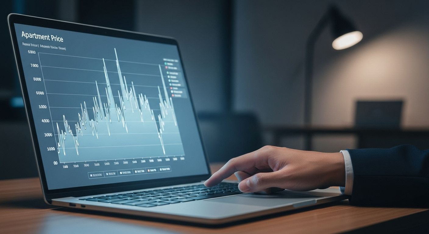 노트북 화면에 아파트 시세 그래프가 보이고 손이 클릭 중