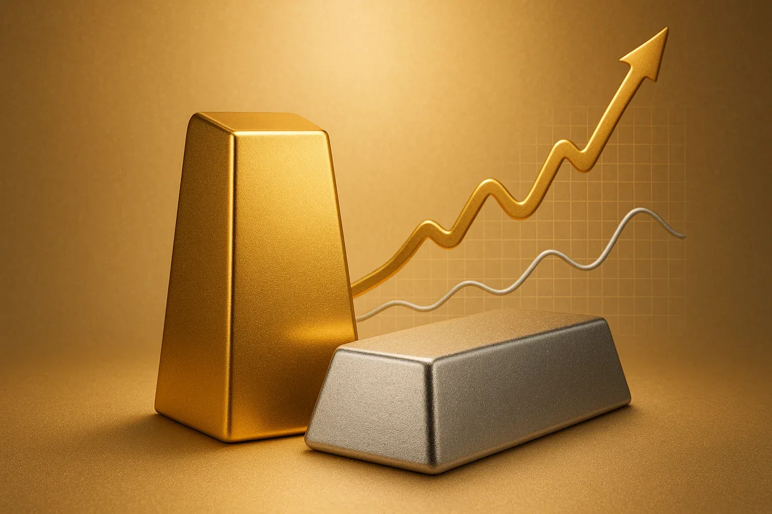 금괴와 은괴가 빛나는 모습과 차트가 함께 있는 투자 이미지