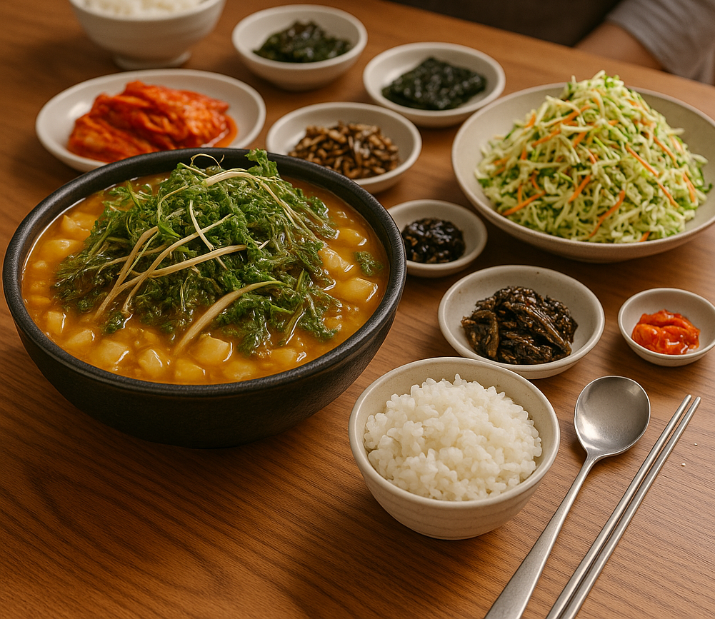 가족과 함께하는 저녁 식탁 위의 냉이 된장국과 양배추 샐러드