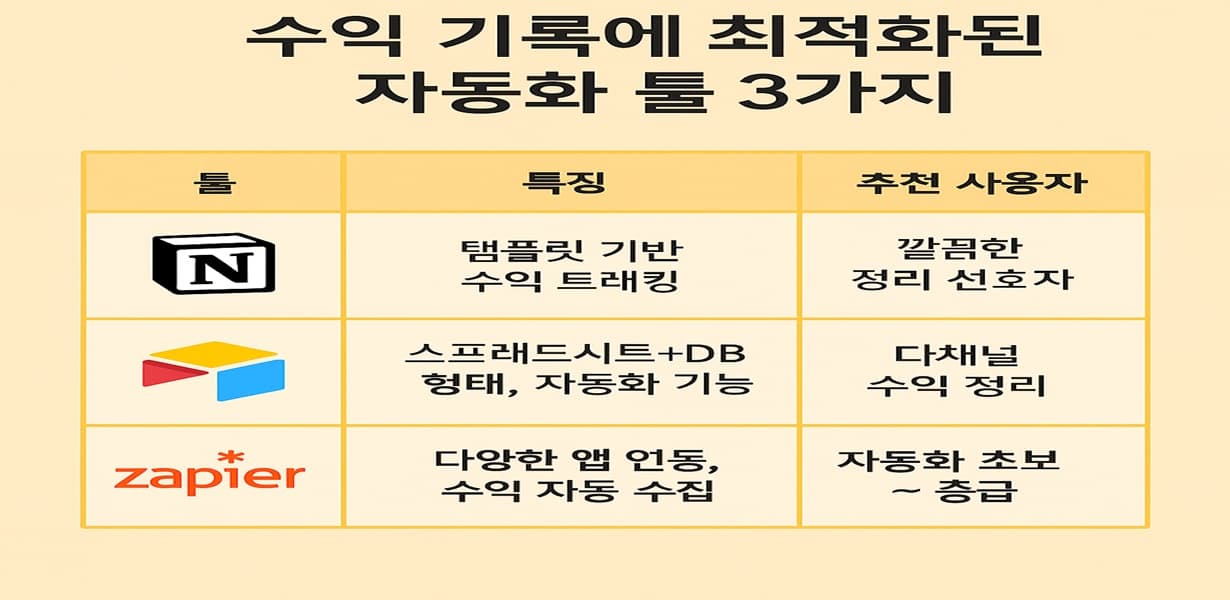 “수익 기록에 최적화된 자동화 툴 3가지 표 인포그래픽”