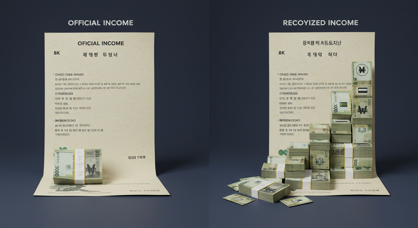 증빙소득에 건강보험료, 신용카드 내역이 더해져 인정소득이 높아지는 것을 상징하는 이미지