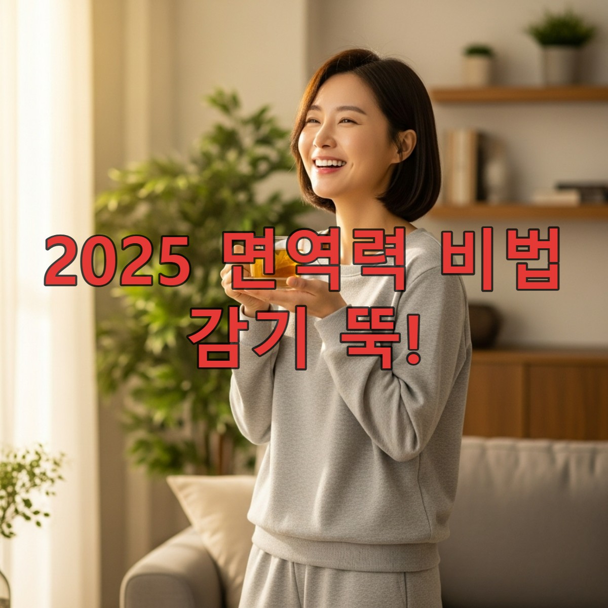 환절기 면역력을 위해 따뜻한 차를 마시며 편안하게 미소 짓는 젊은 한국 여성의 모습