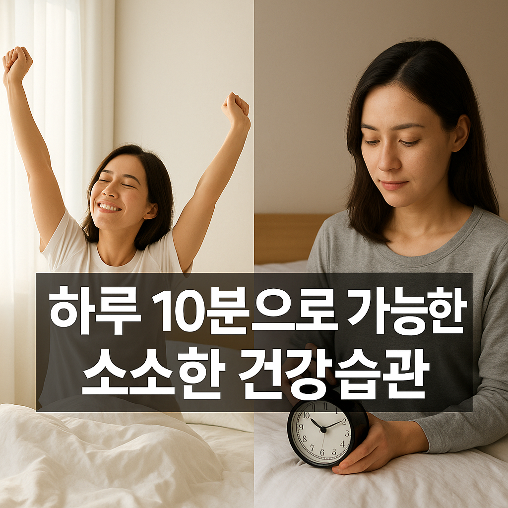 일어난 모습과 잠들기전 모습 이미지와 하루 10분으로 가능한 소소한 건강습관 문구