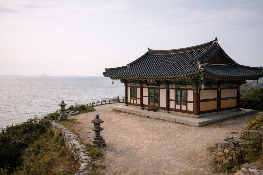 김제 망해사의 바다 가까운 절집과 열린 해안 풍경, 차분한 분위기가 함께 보이는 모습