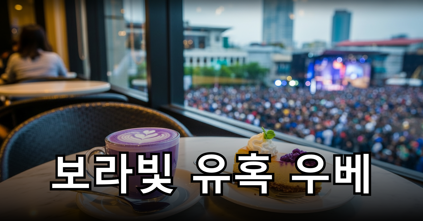 보랏빛 우베 라떼와 치즈케이크가 놓인 카페 테이블
