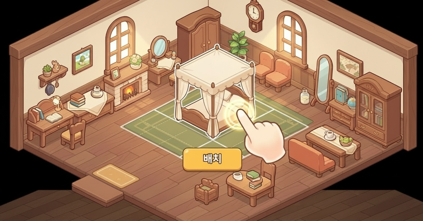 마이홈 데코 점수를 올리기 위해 가구를 배치하는 게임 플레이 화면 예시