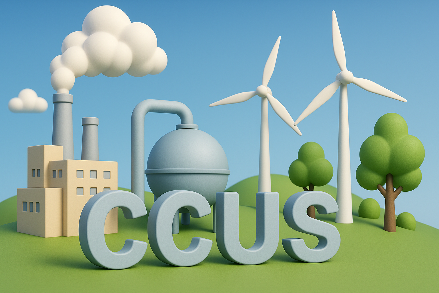 저장탱크, 풍력발전, 공장의 이미지와 CCUS 텍스트를 포함한 그림