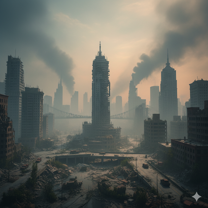 폐허가 된 도시의 전경, 안개와 연기로 가득 찬 황량한 모습