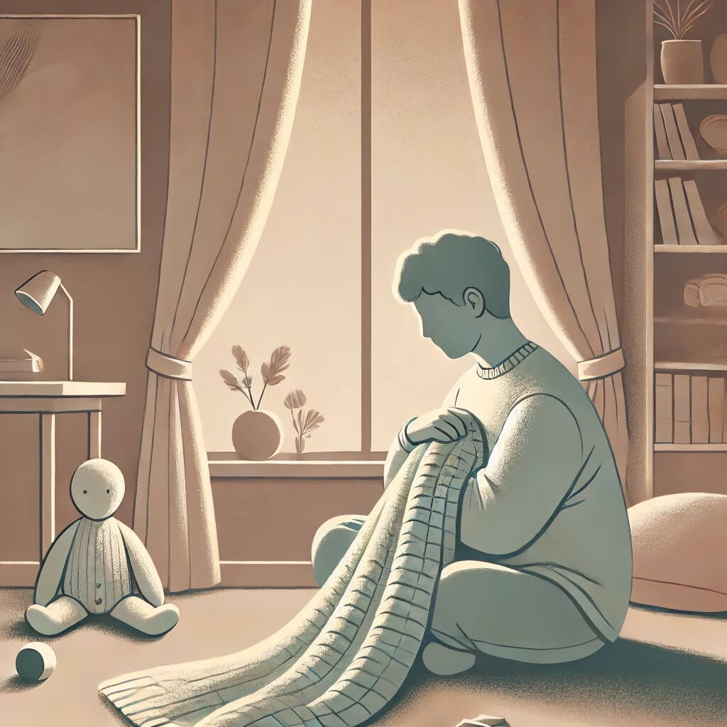 담요를 가슴에 끌어안고 있는 사람의 평화로운 모습을 통해 블랭킷 증후군을 나타냅니다.