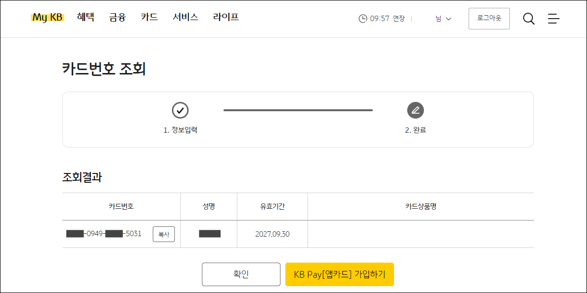국민카드에서 카드번호 조회를 이용한 모습