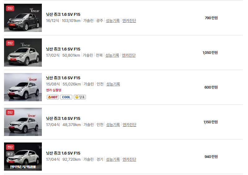 닛산 쥬크 중고차 가격 시세표 연비