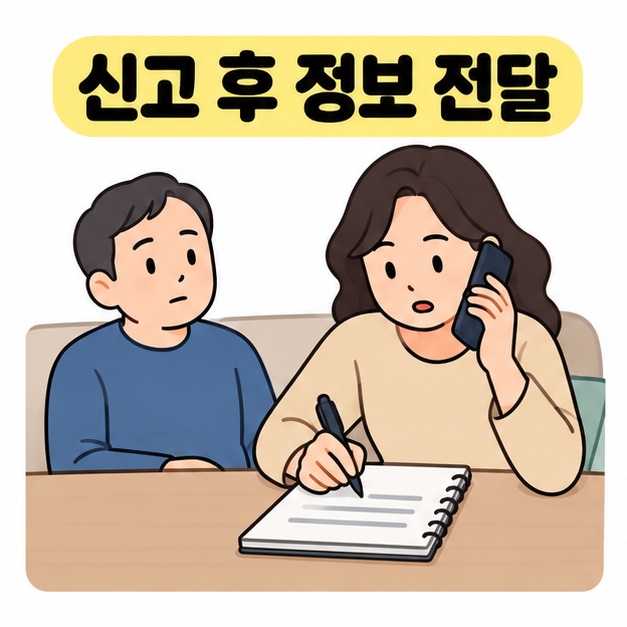 여성이 신고 통화를 이어가며 남성의 상태에 관한 정보를 노트에 적어 전달하는 모습