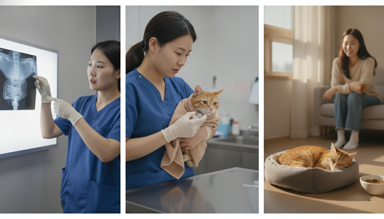 고양이 이물 섭취 후 수의사가 X-ray를 보며 이물 이동을 확인하고, 약물 투여 후 보호자가 고양이를 돌보는 3단계 보존적 치료 과정.