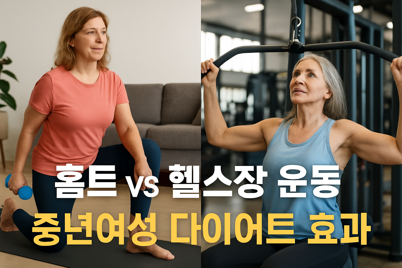 홈트와 헬스장에서 각각 운동하는 중년 여성을 비교하며 다이어트 효과를 시각적으로 표현한 이미지