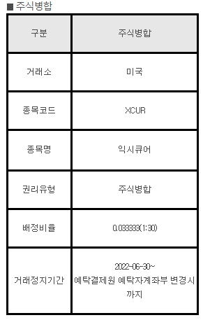 미국주식 주식병합 XCUR 익시큐어