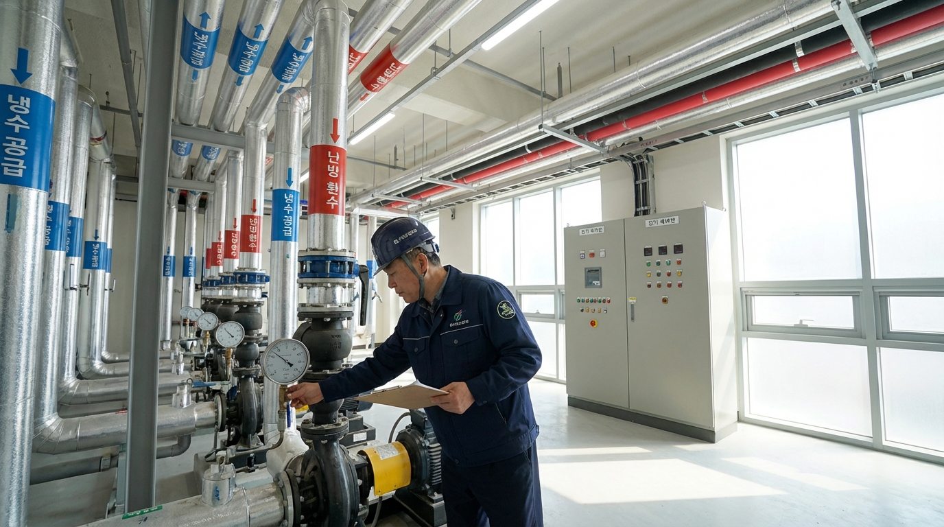건물 기계실에서 점검표를 들고 배관 설비를 확인하는 시설관리자