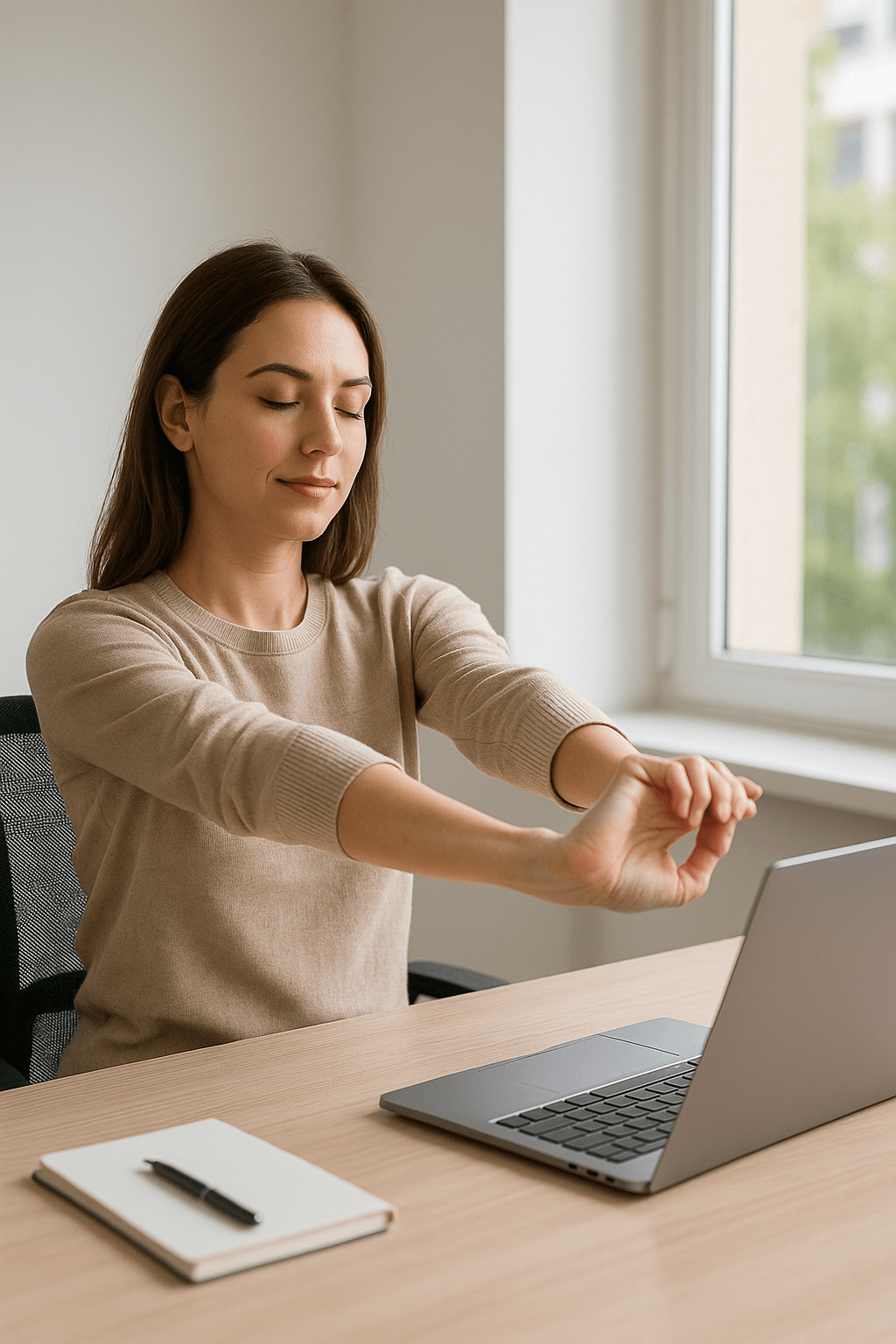노트북 앞에서 손목을 스트레칭하는 30대 여성의 모습(출처**자체제작)