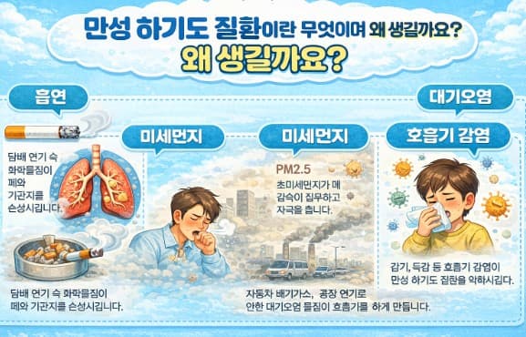 만성 하기도 질환의 발생 원인은 흡연/미세먼지/대기오염/호흡기감염 등이라는 설명에 대한 이미지