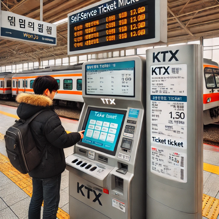 원주역 발권기에서 KTX 티켓을 출력하는 승객의 모습