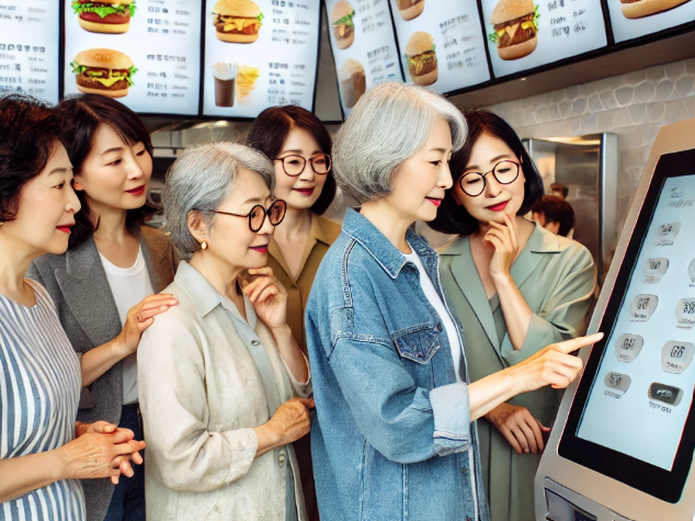 5060여성들이 키오스크로 음식주문하는 모습