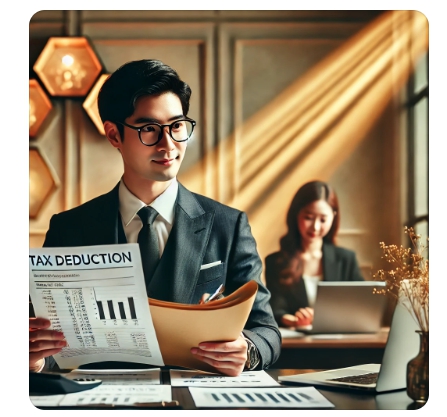 사업자를 가진 사람이 세금서류를 들고 웃고 있는 모습