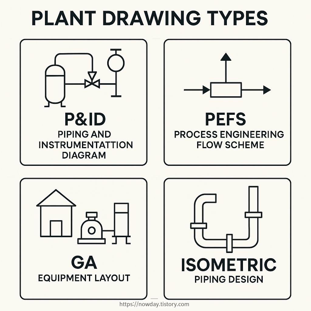 Infographic comparing four plant engineering drawing types — P&ID, PEFS, GA, and ISO — with their purposes and visual formats