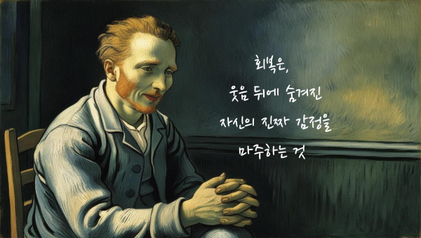 회복은 웃음 뒤에 숨겨진 자신의 진짜 감정을 마주하는 것에서 시작됩니다에 관한 그림