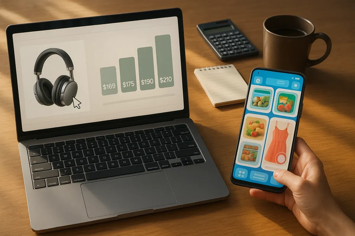 다양한 쇼핑 플랫폼과 가격 비교 앱들이 화면에 표시된 스마트폰과 노트북 이미지