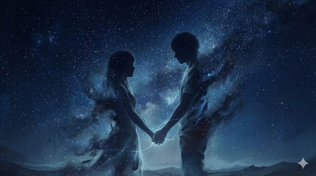 A silhouette of a couple holding hands against a dark blue twilight sky, representing eternal bond.