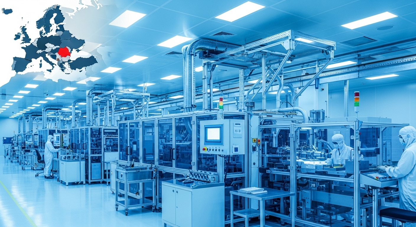 Modern industrial battery material manufacturing facility in Hungary, cathode active material production lines with robotic automation, clean factory interior blue lighting, European location map overlay, professional industrial photography style, 169