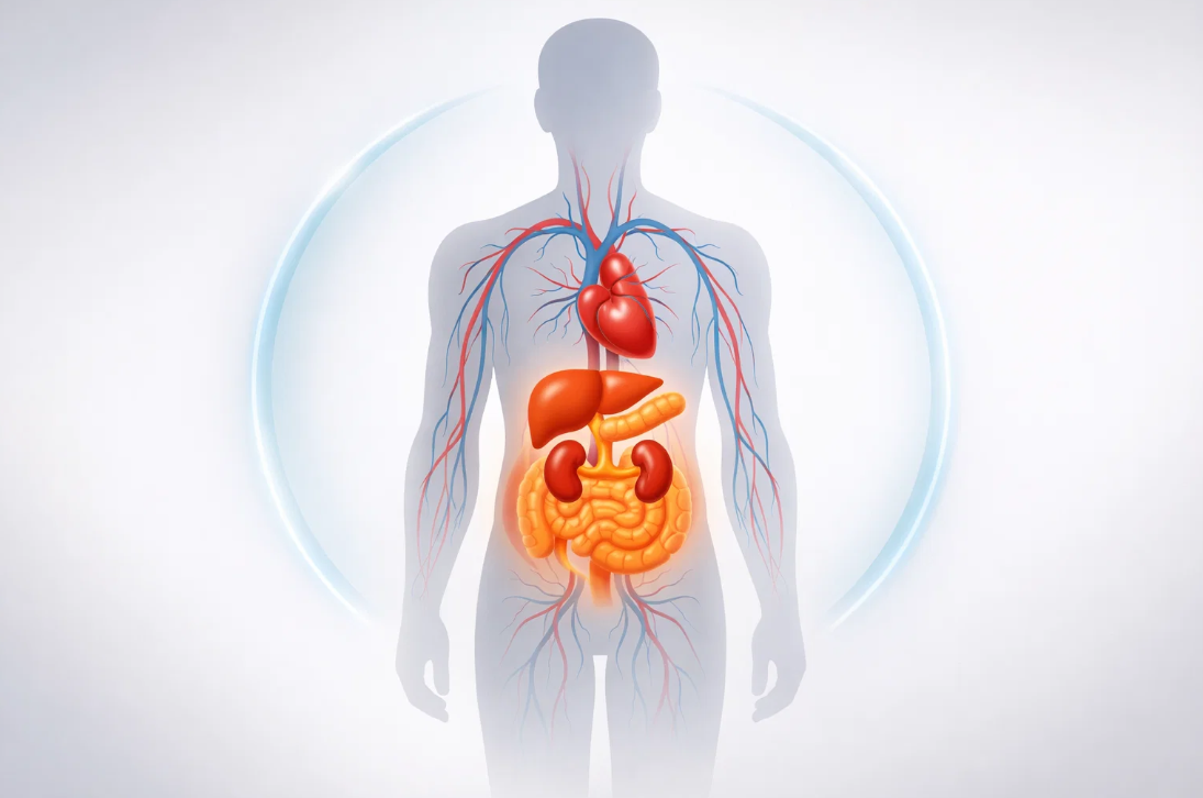 간을 중심으로 한 전신 대사 시스템 구조도, 심장과 장기 연결을 강조한 인체 이미지