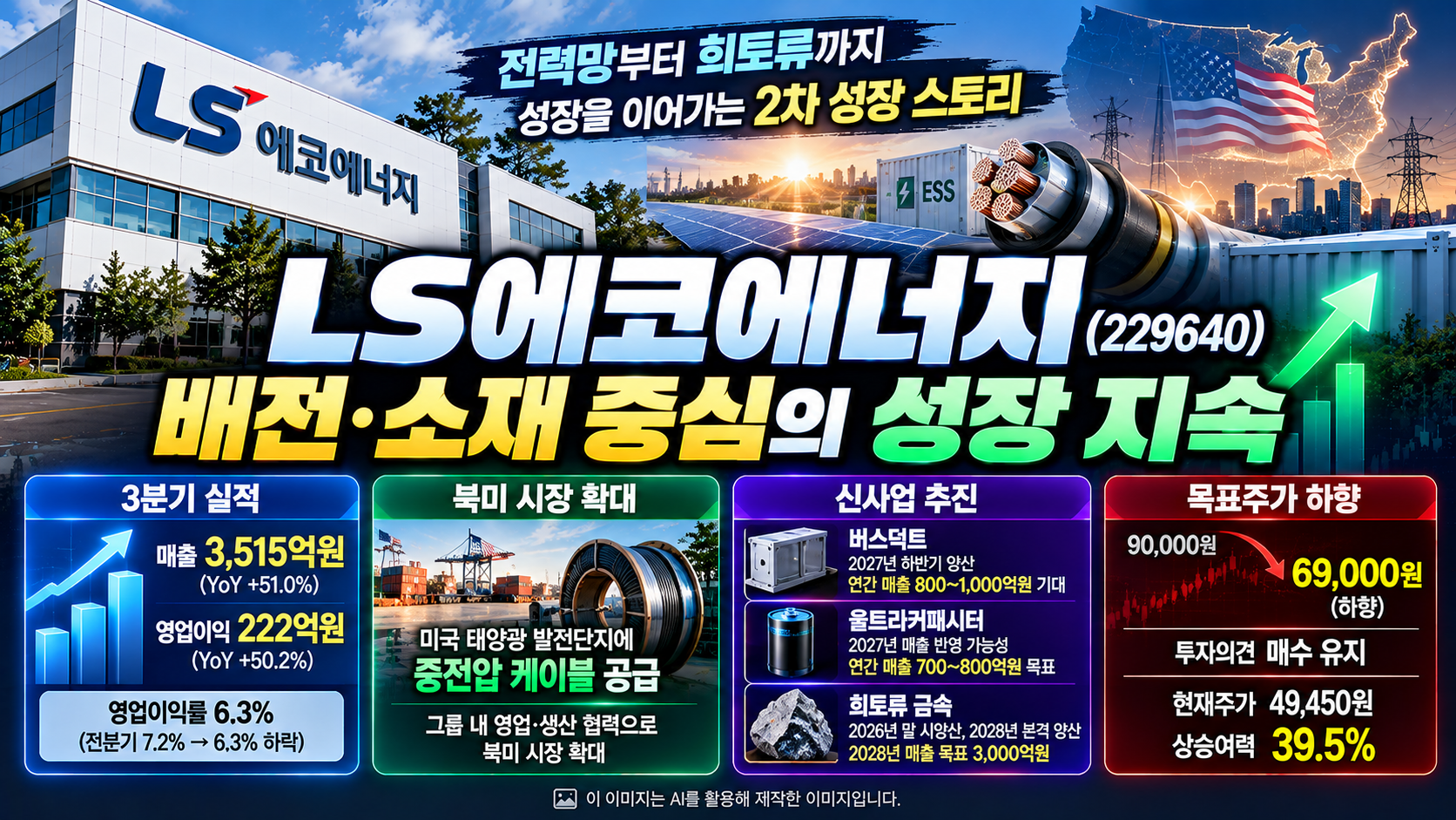 LS에코에너지(229640) 기업분석, 2026년 3분기 매출 3,515억원과 영업이익 222억원 기록, 북미 태양광 발전단지 중전압 케이블 공급 확대, 버스덕트&middot;울트라커패시터&middot;희토류 신사업 성장 전망 및 목표주가 6만9,000원 하향 분석