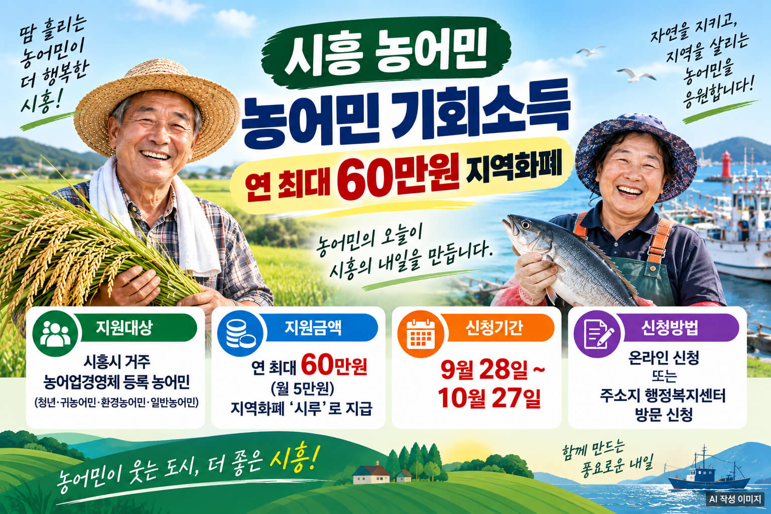 시흥 농어민 기회소득으로 농어업경영체 등록 농어민에게 연 최대 60만원을 지역화폐 시루로 지원하는 내용을 안내하는 이미지