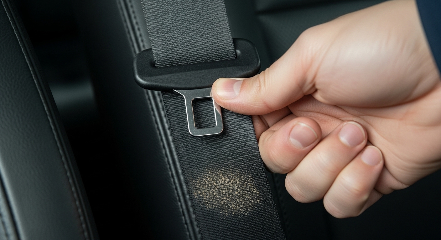 차량 안전벨트를 끝까지 당겨 벨트 하단부에 남아있는 흐릿한 물자국과 이물질을 확인하는 모습. 침수차 여부 확인 방법.