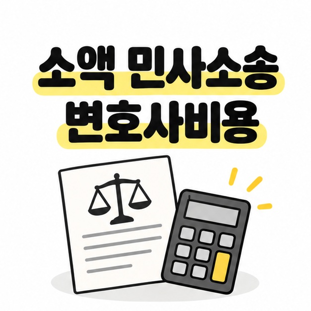 소액 민사소송 변호사비용 제목과 법률 서류 및 계산기를 표현한 표지 일러스트