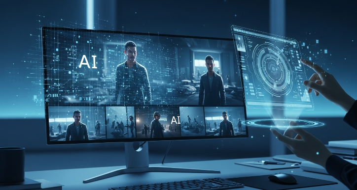 미래지향적인 디지털 작업 공간에서 일관된 캐릭터가 여러 장면에서 등장하는 AI 생성 시네마틱 영상 시퀀스를 보여주는 모니터. '프랙탈' 패턴 오버레이가 워크플로우를 상징하며, 사용자가 홀로그램 인터페이스와 상호작용하는 모습. 기술과 창의성을 강조하는 전문적이고 혁신적인 분위기.