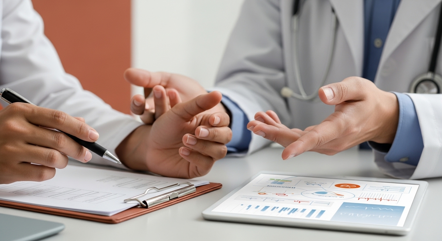 환자와 의사가 위고비 치료 전 체크리스트를 확인하며 중요한 사항을 논의하는 손의 클로즈업.