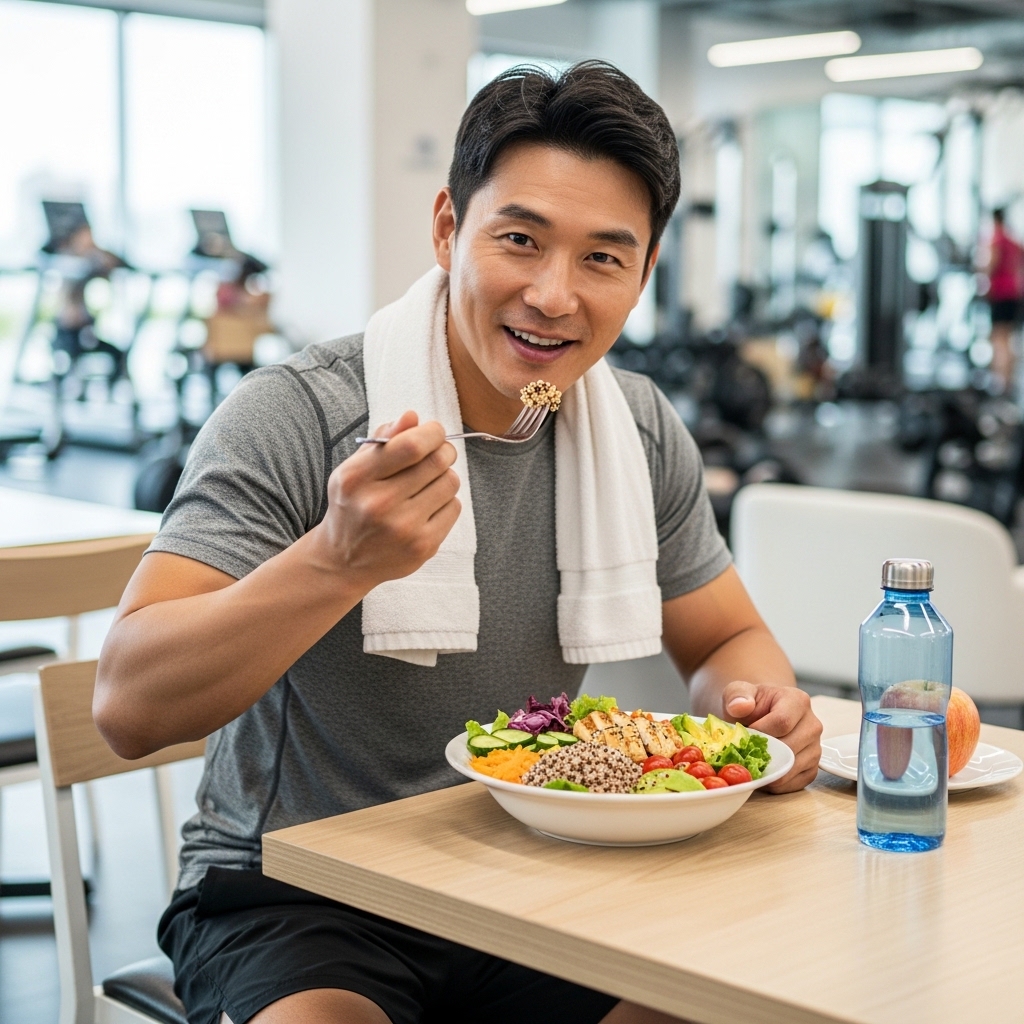 운동 후 마그네슘 보충을 위해 퀴노아 샐러드를 먹는 한국인 남성