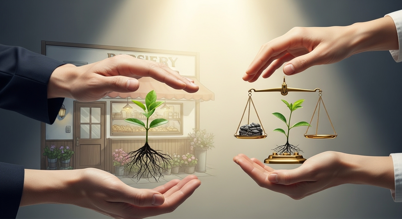 정책자금 상환 연장으로 재정적 부담을 덜고 안정적으로 사업을 운영하는 소상공인의 모습을 상징하는 이미지