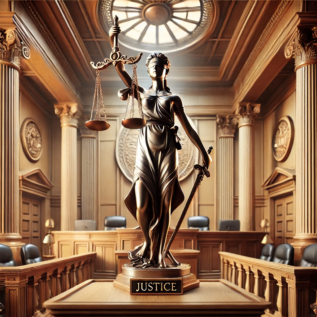 이 사진은 정의의 여신상과 법원의 이미지 사진입니다.