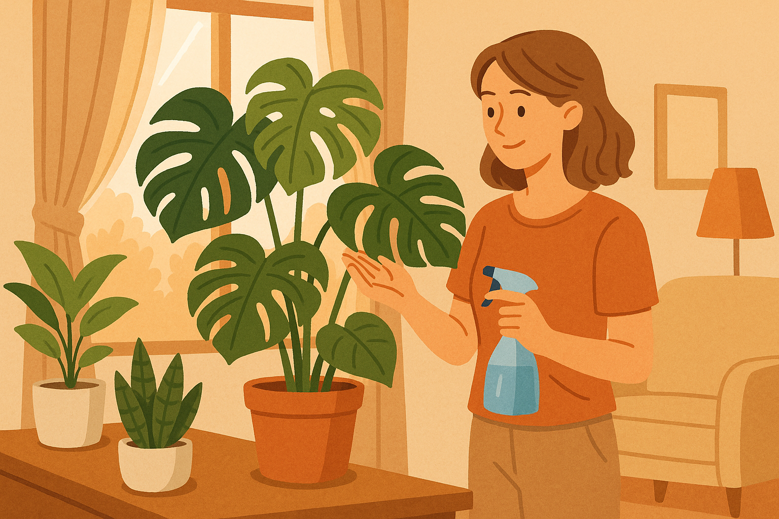 거실에서 몬스테라 식물을 돌보는 여성의 감성 일러스트