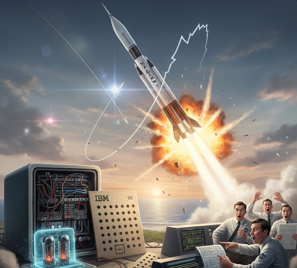 1962년 매리너 1호 로켓이 발사 직후 폭발하는 장면과 그 원인이 된 천공카드 프로그래밍 오류, 그리고 당혹해하는 NASA 과학자들의 모습을 담은 빈티지 스타일 일러스트