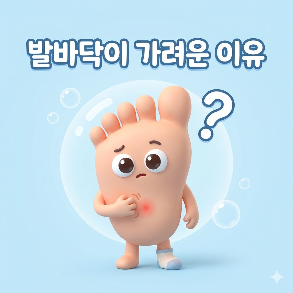 궁금한 표정으로 발바닥을 긁고 있는 귀여운 발 캐릭터와 발바닥이 가려운 이유 한글 텍스트