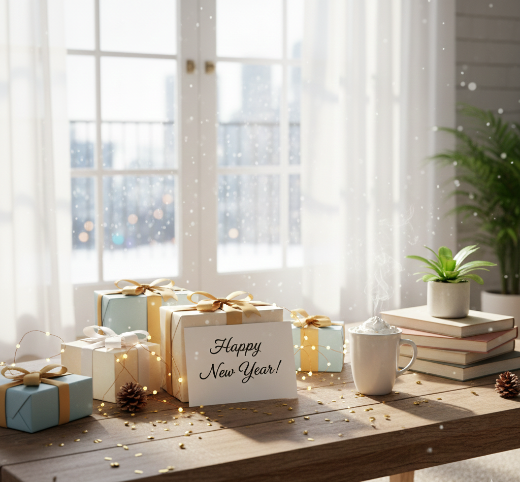 따뜻하고 환한 분위기 속에서 리본으로 묶인 선물 상자와 'For You' 카드가 놓여 있는 새해 선물 이미지