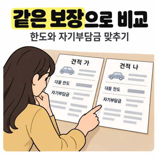 여성이 두 견적서에 표시된 대물 한도와 자기부담금 항목을 비교하는 모습