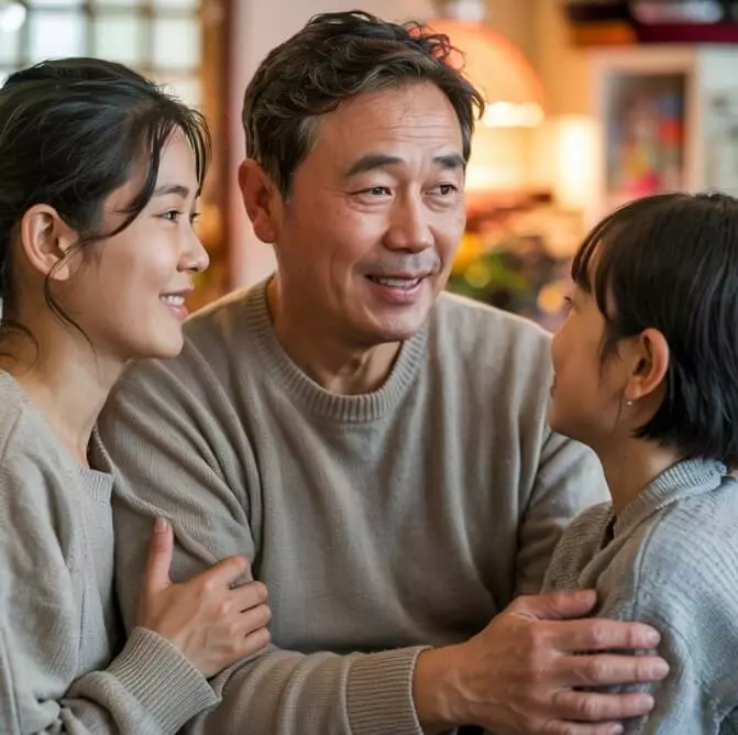 가족과 대화하는 50대 남성